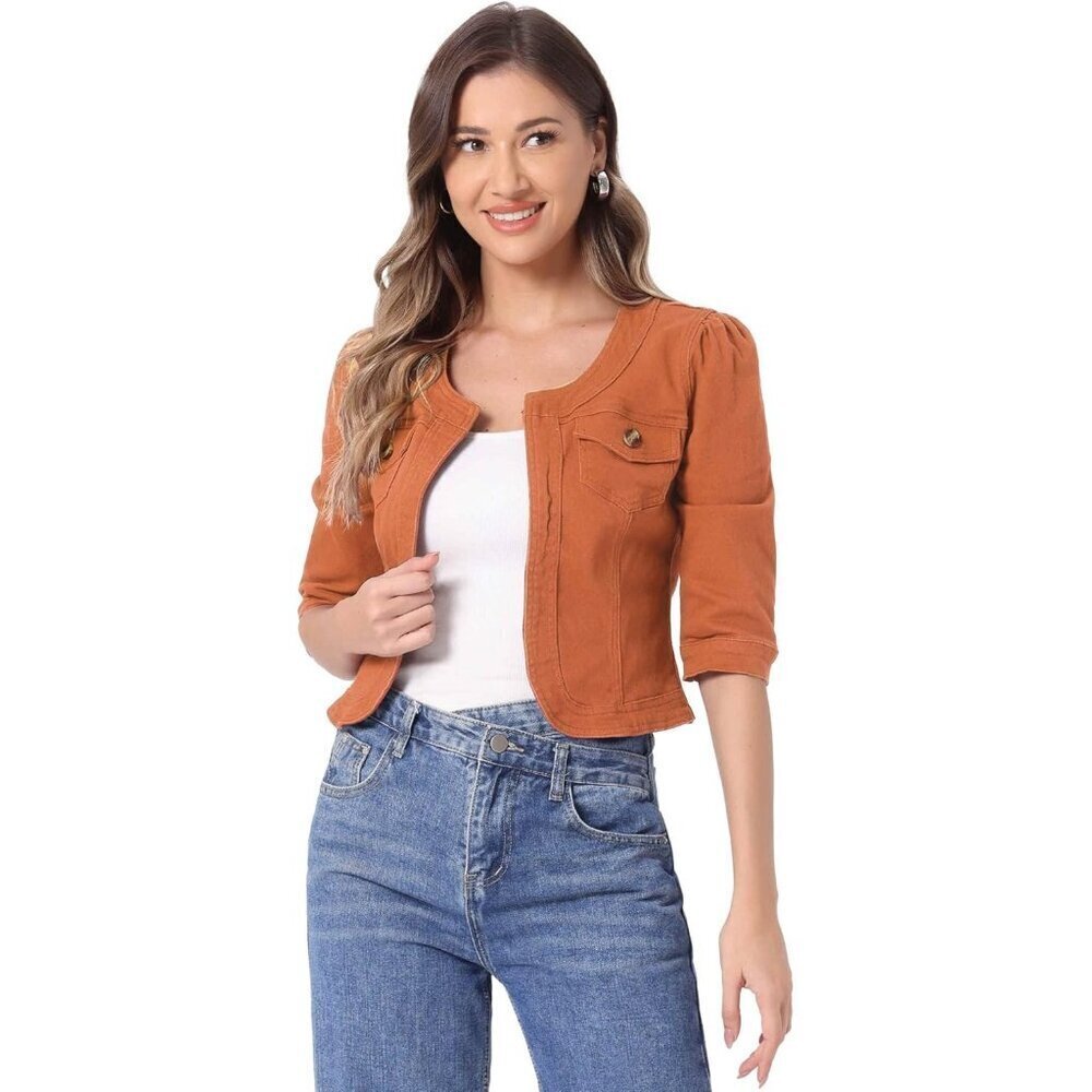 Women's Jean Jacket Slim Fit Casual Denim Jacket 3/4 Sleeves Outwear Orange